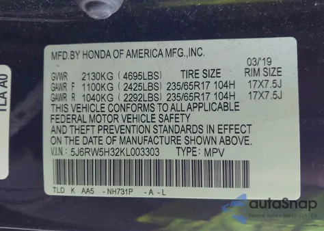 2019 Honda Cr-V Lx from USA, damaged, VIN 5J6RW5H32KL003303